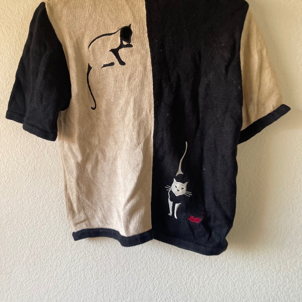 Vintage Cat Embroidered Cardigan Black Cream Size M - Picture 2 of 8